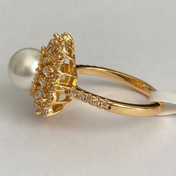 Art Deco Cubic Zirconia White Pearl Cocktail Ring Yellow Gold Plated Size 7 8 9 - Picture 9 of 16